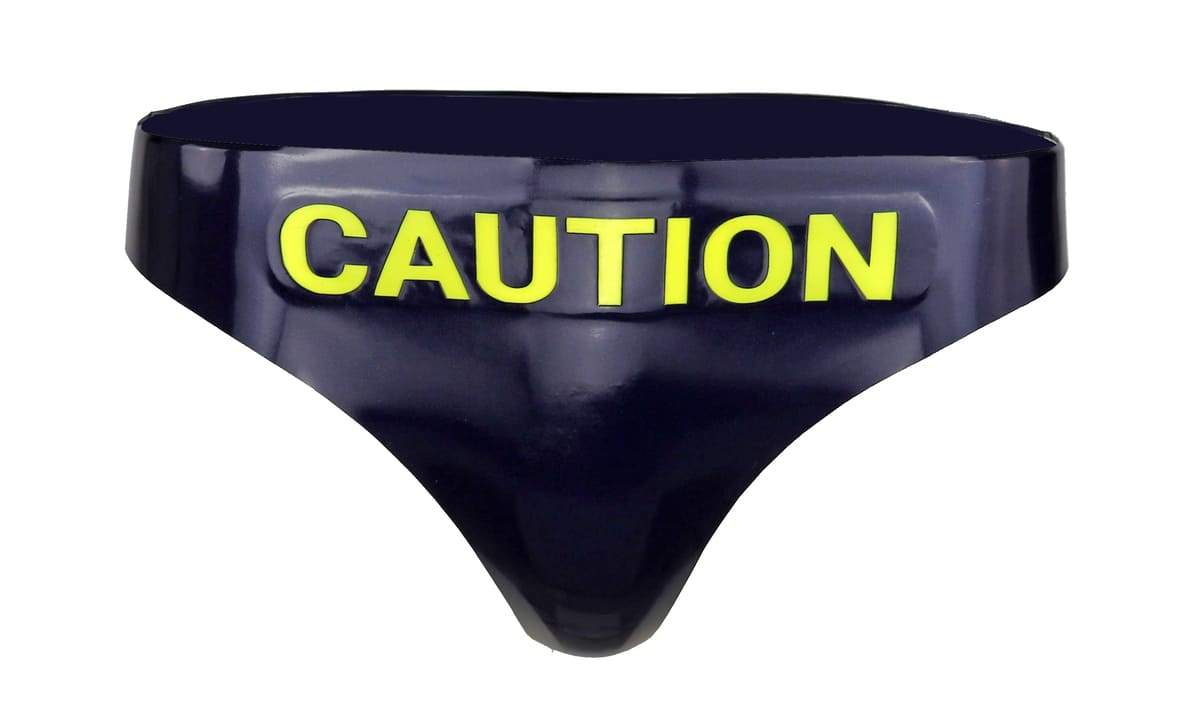 Damen Tanga Slip knapp geschnitten mit Schriftzug Caution Slippery when wet in Kontrastfarbe lila metallic gelb